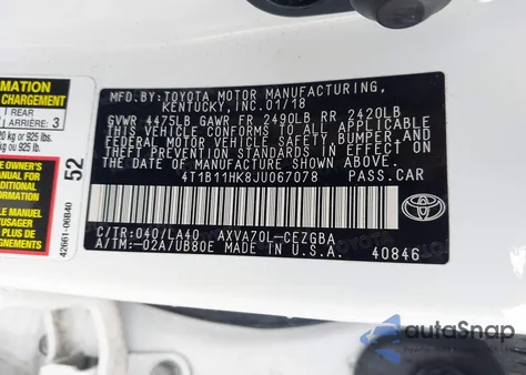 2018 Toyota Camry Xle из США, поврежденный, VIN 4T1B11HK8JU067078